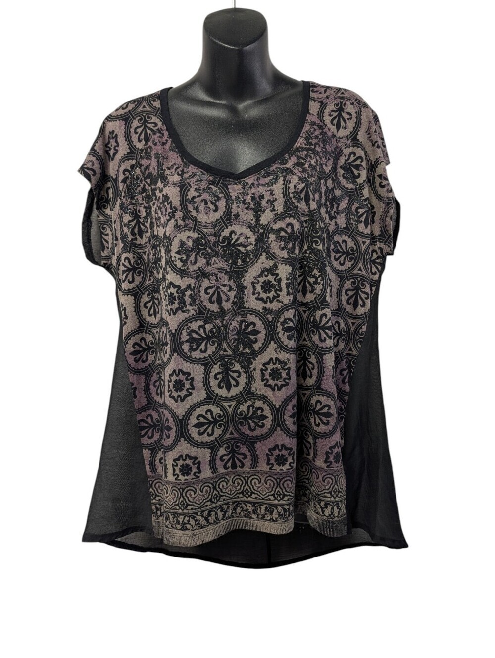 Rock & Republic Black Purple Glitter Medallion Print Top Women's Size L